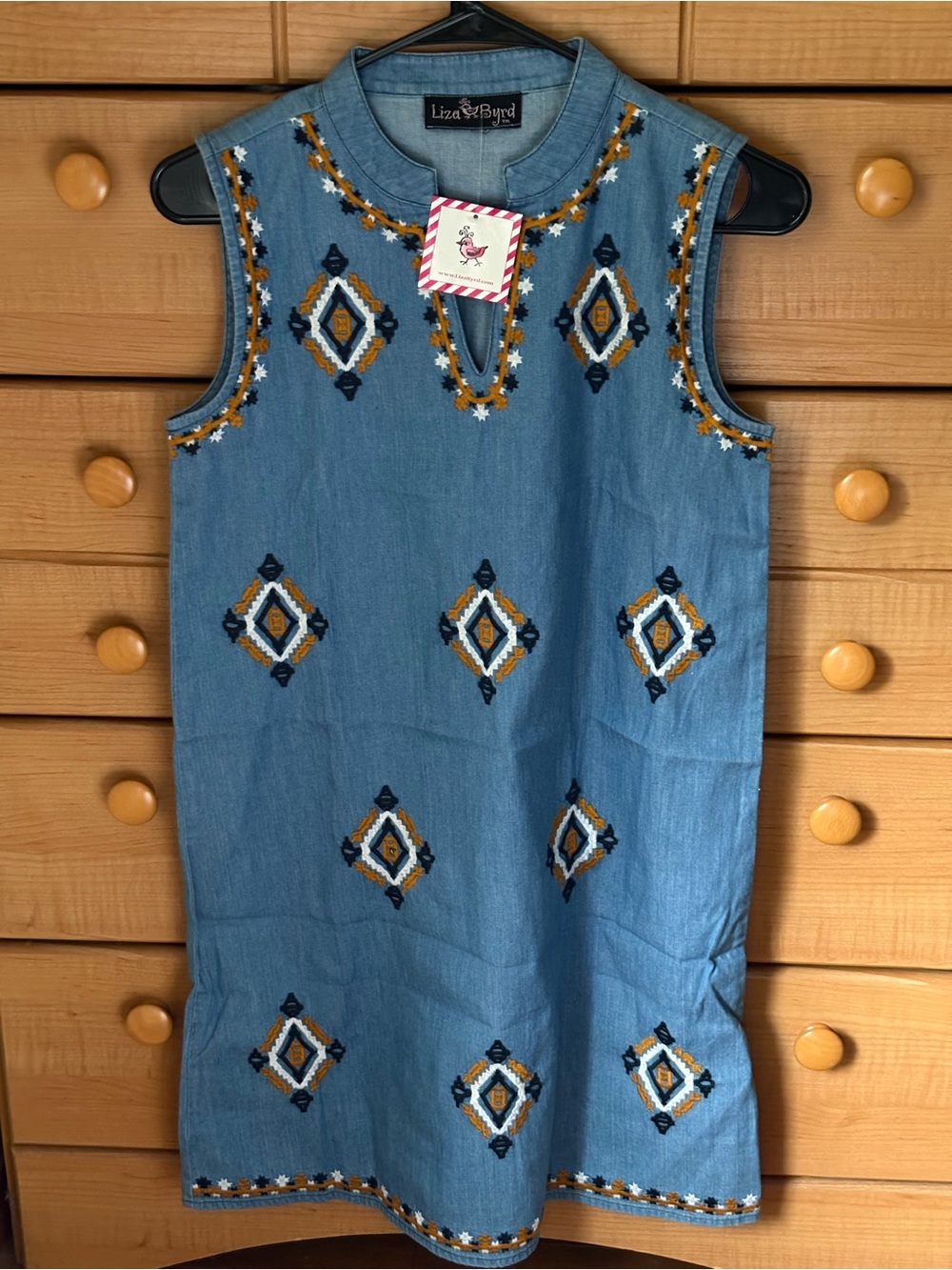 Liza Byrd Chambray Embroidered Top in Light Blue with Mustard & Navy